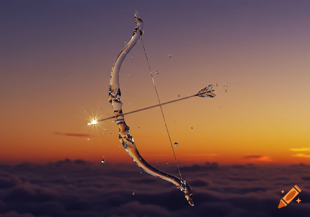 A translucent bow and arrow made of water and glass with a glowing tip, against a vibrant sunset sky and clouds.