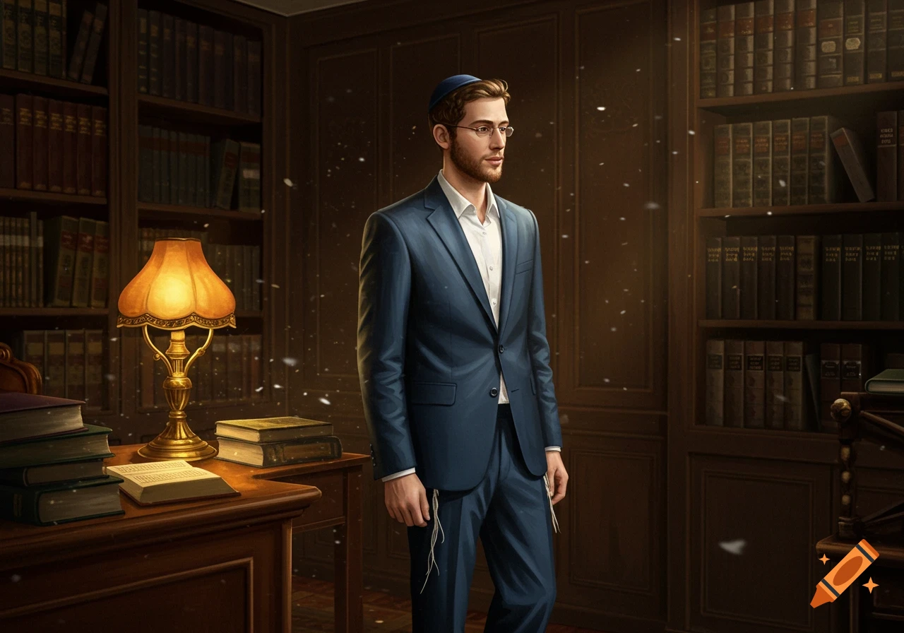 Photorealistic portrait of a young Jewish man in a blue suit, white shirt, glasses, and yarmulke, standing in a dimly lit library.