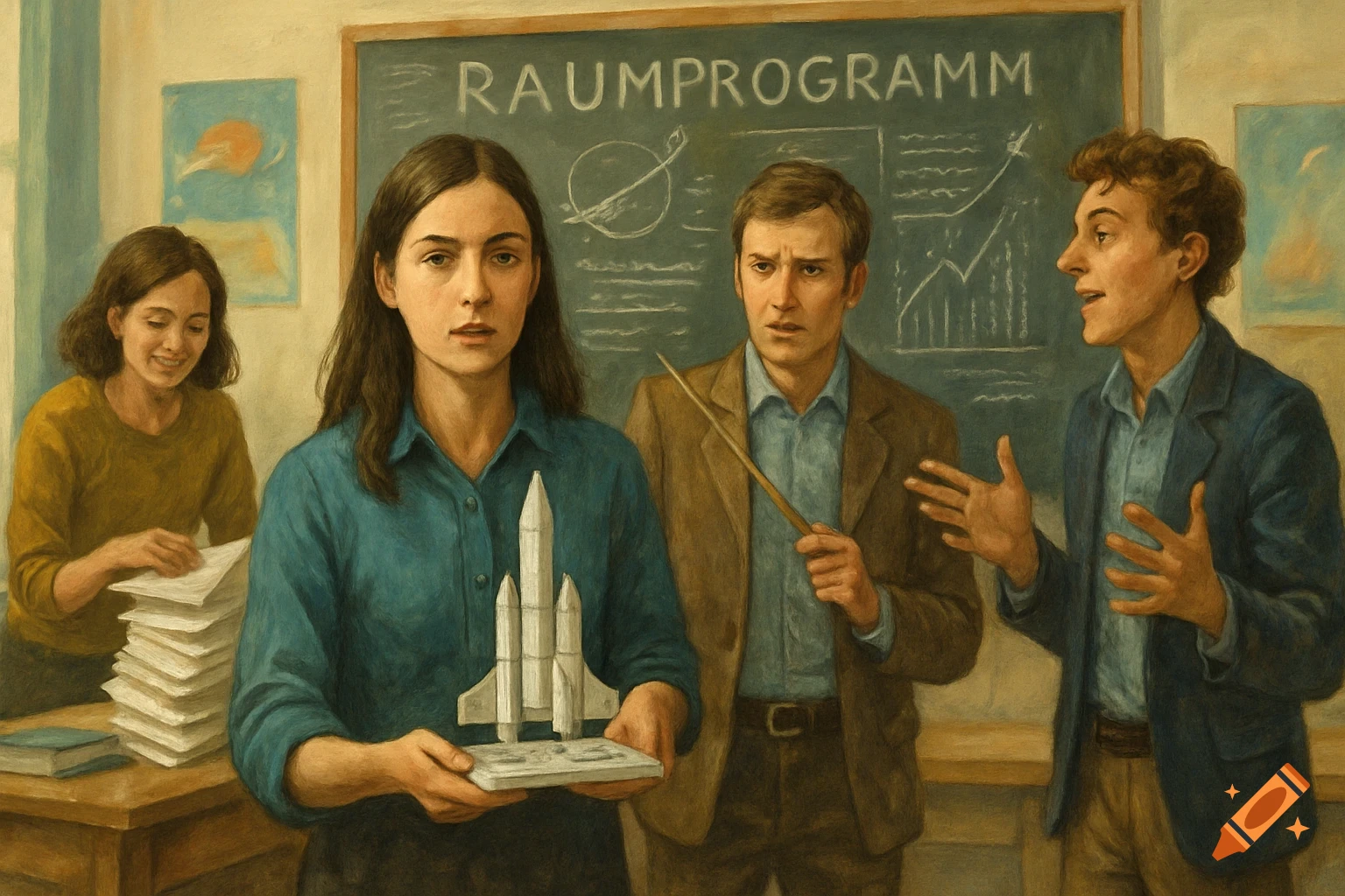 Painted illustration of four students presenting a space program in a classroom, a woman holds a rocket model.