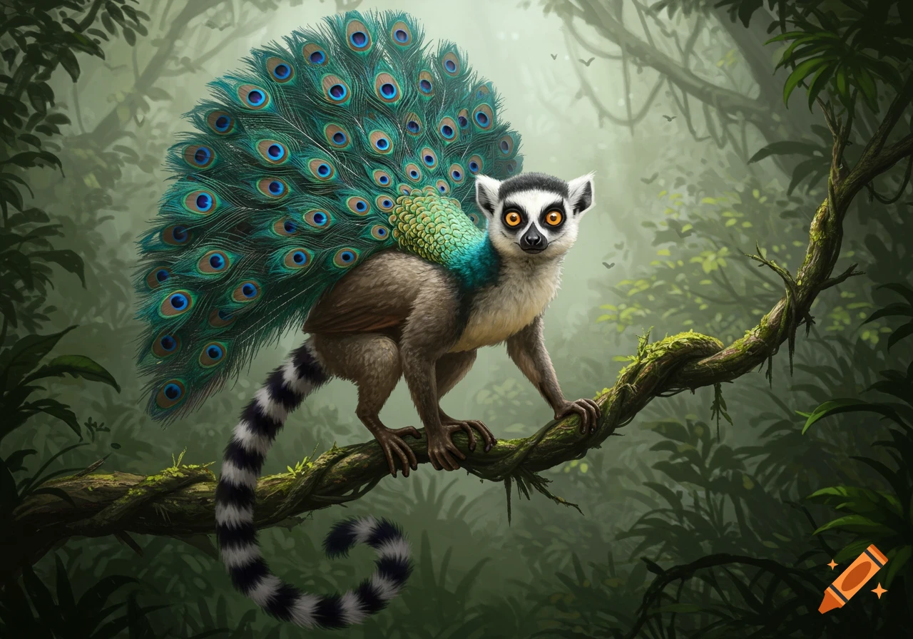 A fantastical ring-tailed lemur with a large peacock tail perches on a mossy branch in a lush, misty jungle.