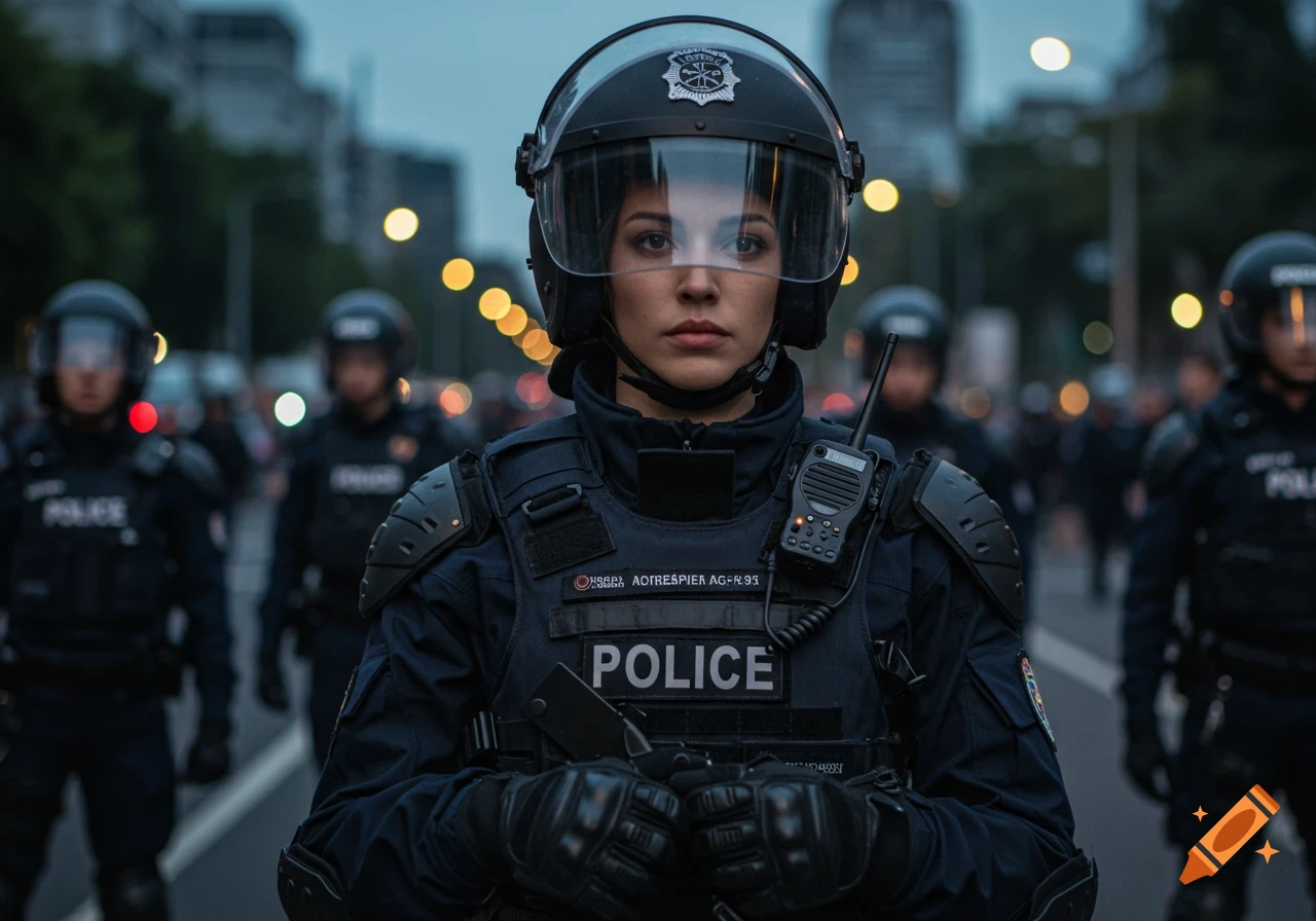 A serious policewoman in full riot gear, including a helmet with a visor, stands on a street with other officers in the background.