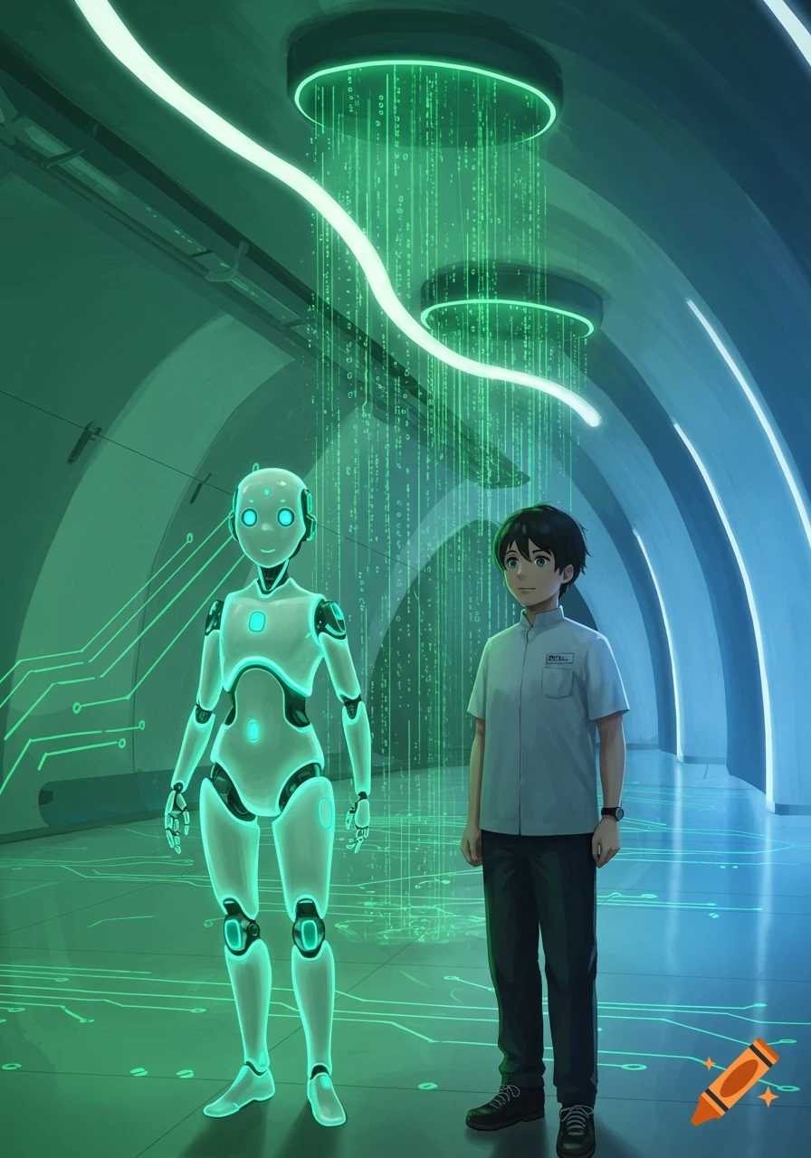 A boy stands next to a glowing white robot in a futuristic green tunnel with data streams.
