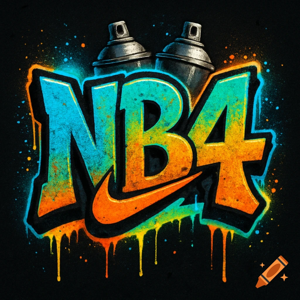 Urban graffiti-style logo with textured blue and orange letters "NB4" with a Nike swoosh, dripping paint, colorful splatters, and two spray cans behind, on a black background.