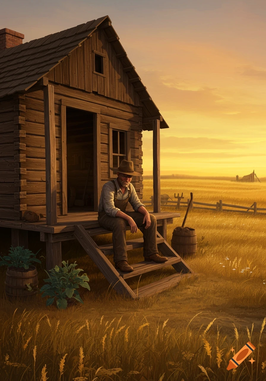 A tired homesteader in a hat sits on the steps of a rustic wooden cabin at sunset, surrounded by a golden field.
