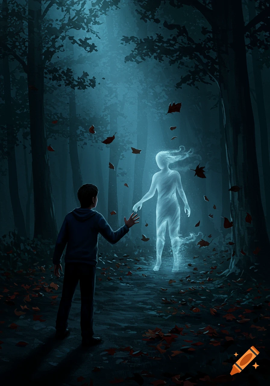 A young boy reaches toward a glowing, fading ghost-like figure in a dark, atmospheric forest with falling leaves.