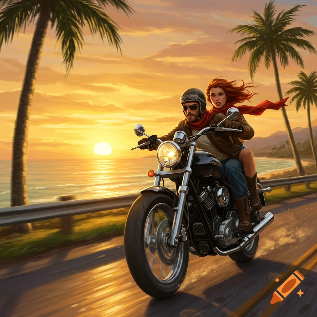 A man and woman ride a motorcycle along a coastal road at a vibrant sunset, with palm trees and ocean.