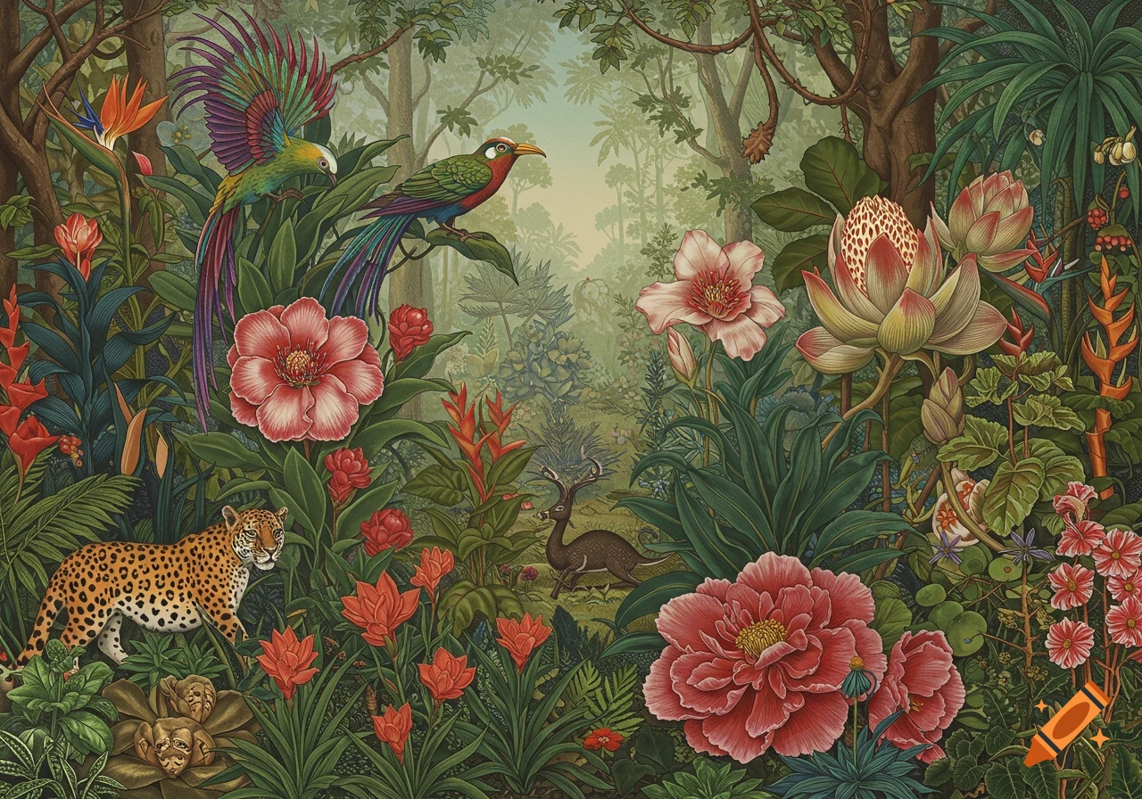 Vibrant chromolithograph of a lush jungle scene with a jaguar, deer, colorful birds, and exotic flowers.