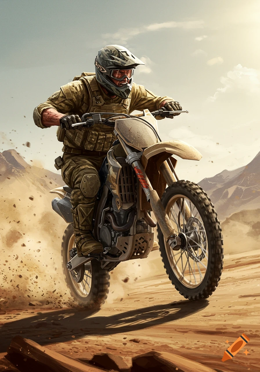 A soldier in military gear races a dirt bike through a dusty desert, kicking up sand as the sun shines overhead.