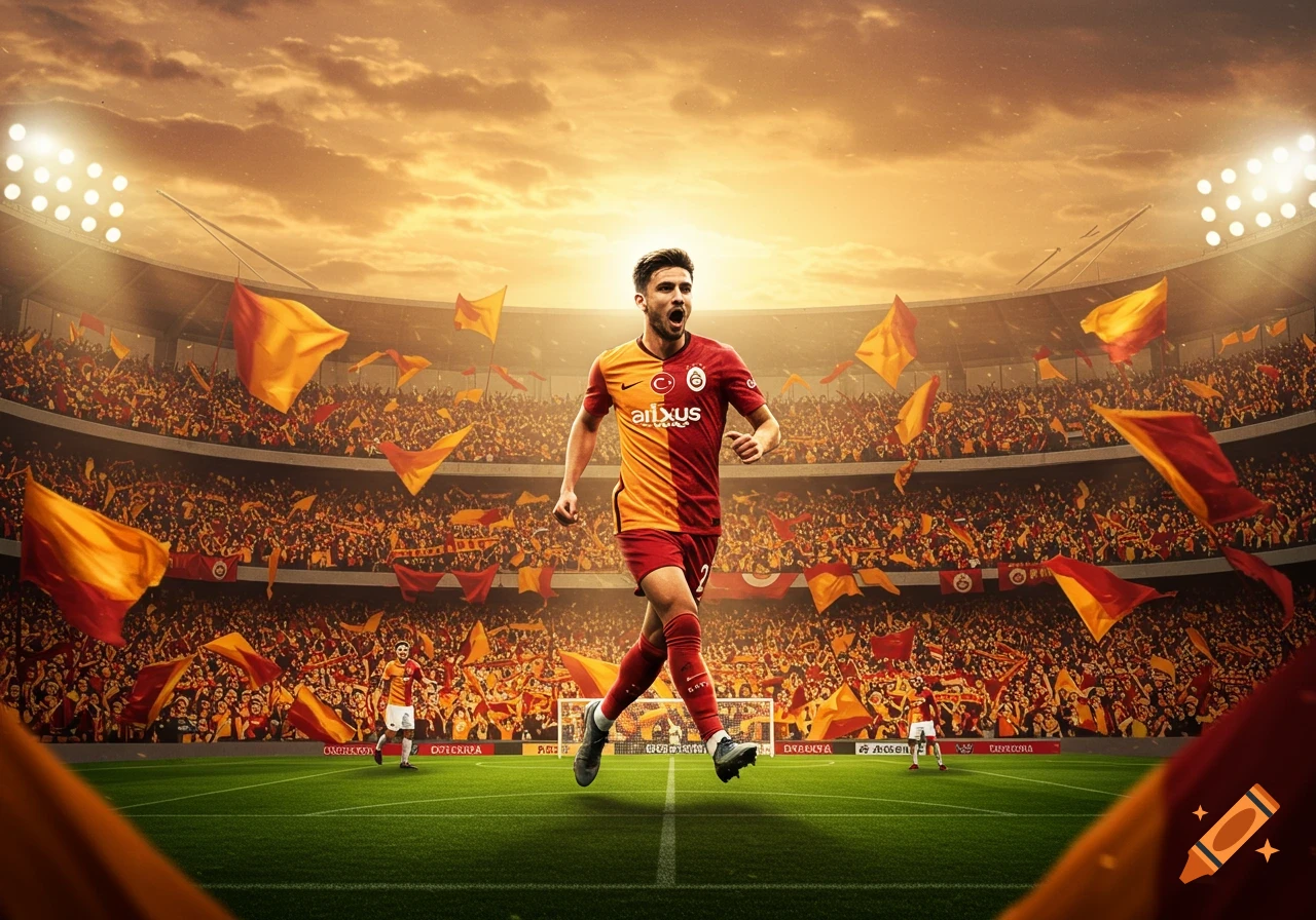 Photorealistic image of a male soccer player in a red and orange uniform running on a field in a packed stadium with flags and bright lights under a dramatic sky.