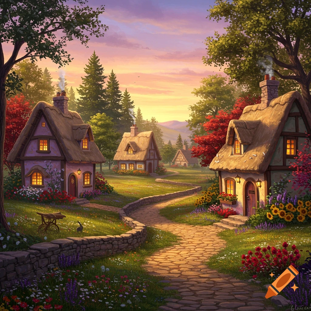 A charming village scene with thatched-roof cottages, a winding stone path, and vibrant flowers under a sunset sky.