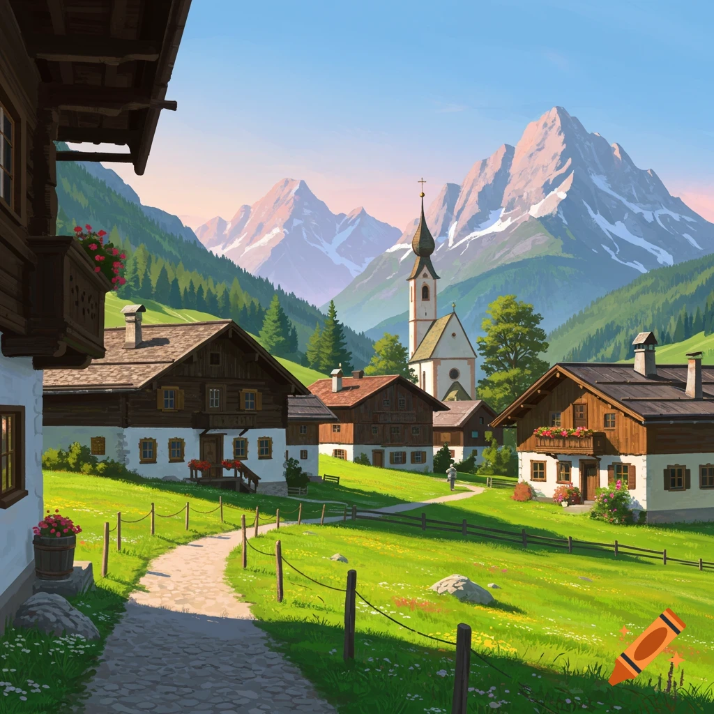 Idyllic illustration of a Tyrolean village in a green valley, with traditional houses, a church, and snow-capped mountains.