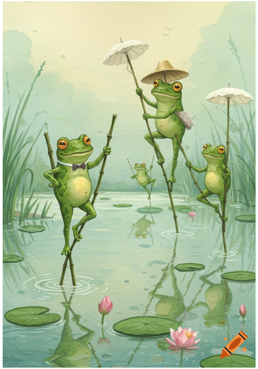 Whimsical watercolor illustration of green frogs on bamboo stilts in a lily pad pond. One frog wears a bowtie, another a straw hat.