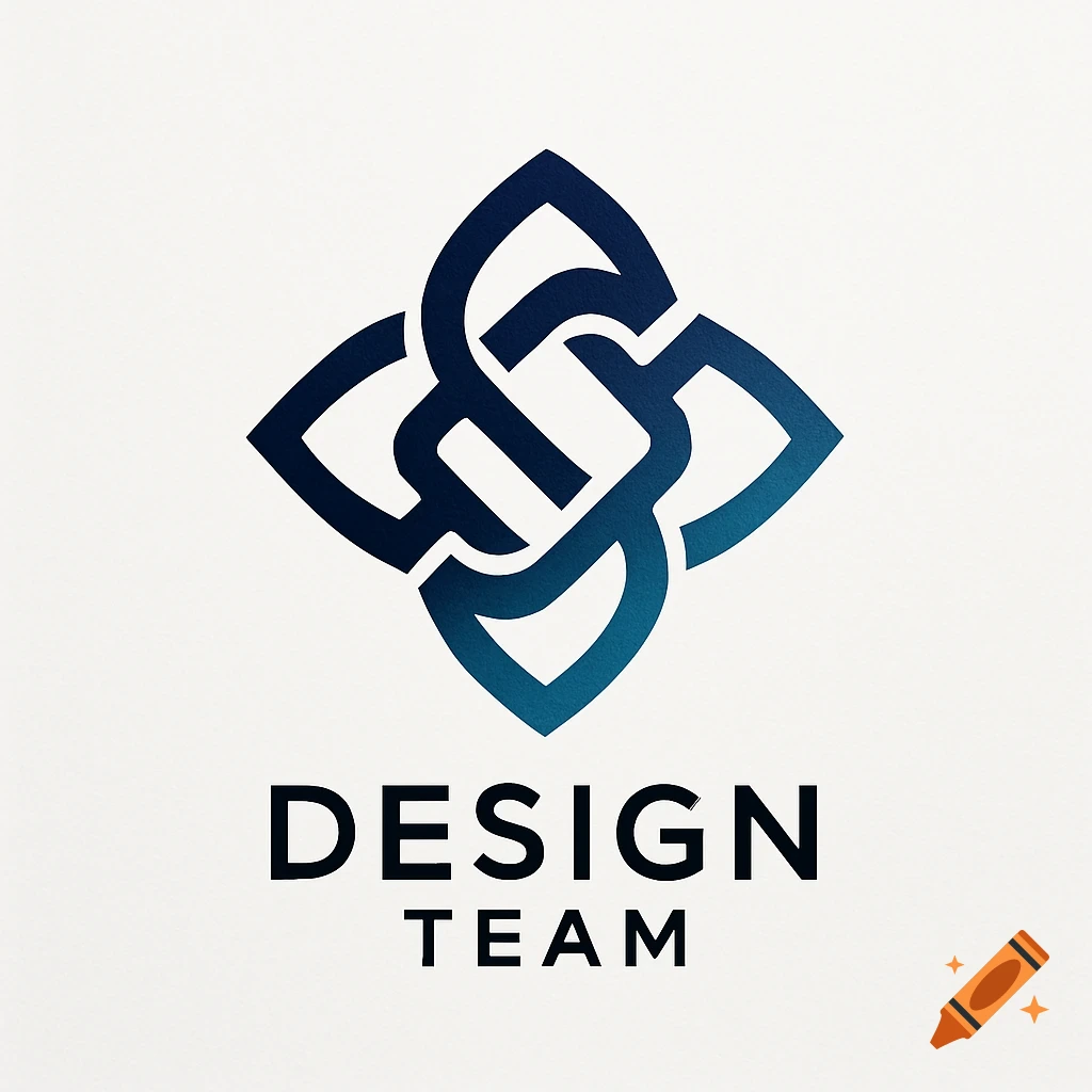 Abstract blue and dark blue symmetrical logo with interlocking shapes above the words 'DESIGN TEAM' on a white background.