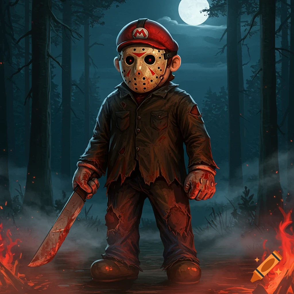 Mario-like character as Jason Voorhees holding a bloody machete in a dark, moonlit forest with campfires.