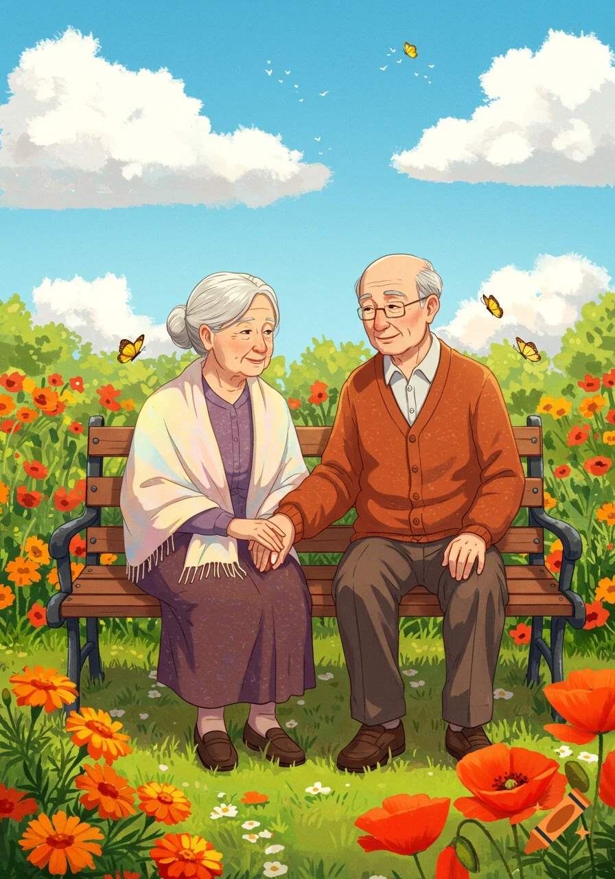 Illustrative image of a happy elderly couple holding hands on a bench in a vibrant flower field under a blue sky.