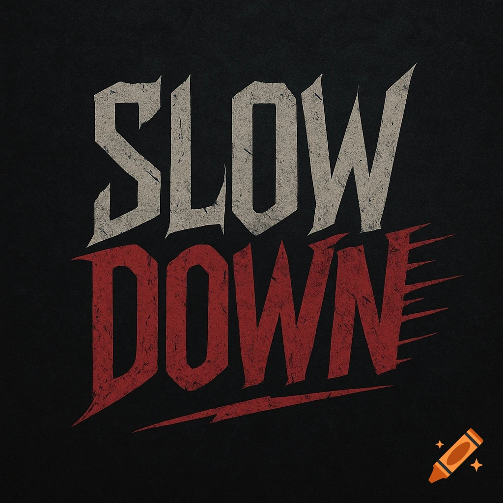 Grunge band logo for 'SLOW DOWN' in distressed white and red text on a dark background.