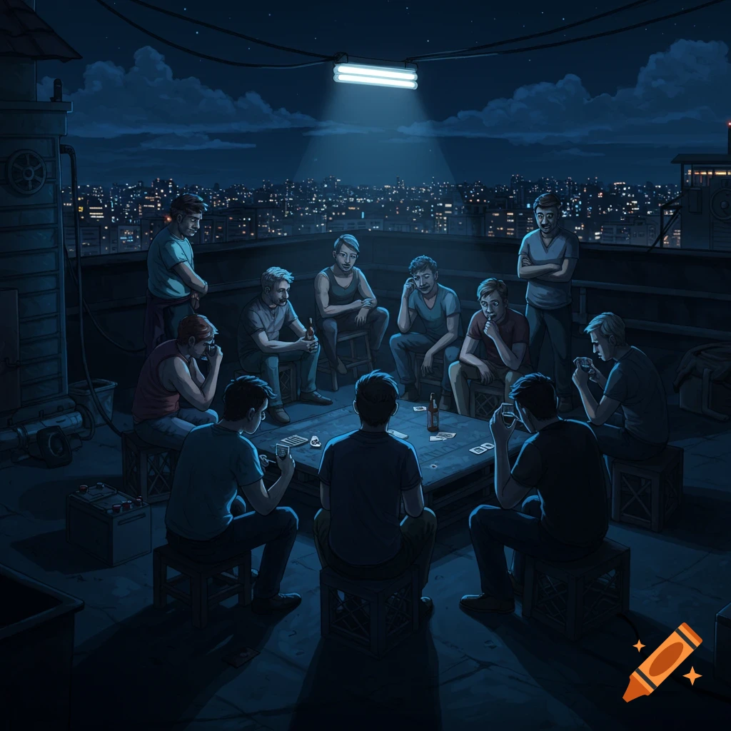 A group of men play cards under a fluorescent lamp on a rooftop at night, with a city skyline in the background.