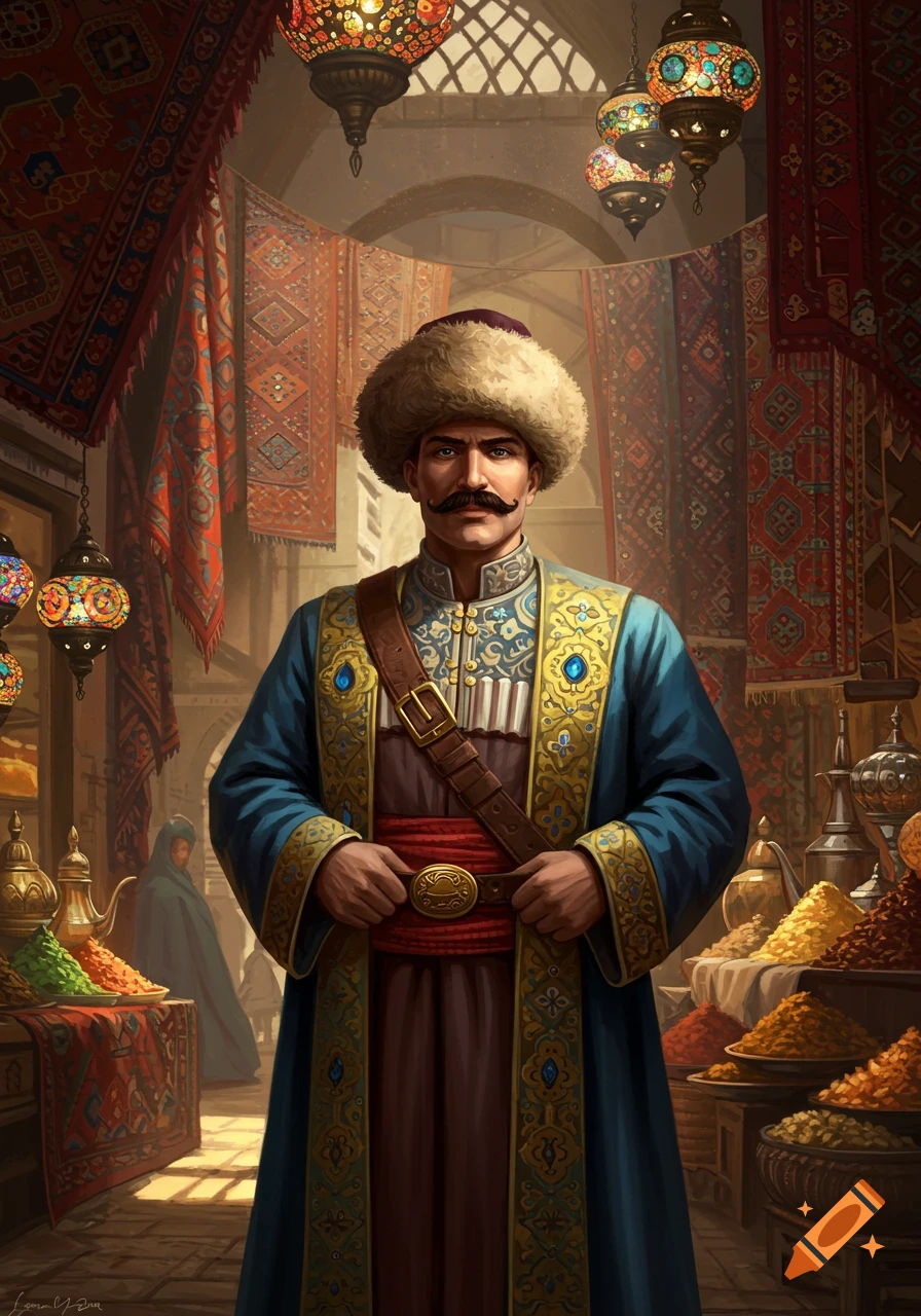A moustached man in traditional blue and gold attire and a fur hat stands in a vibrant Persian market filled with spices and ornate carpets.