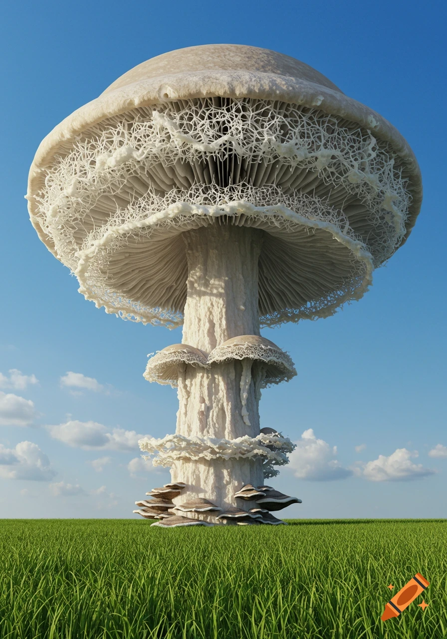 A giant, pale fungus resembling a mushroom cloud rises from a vibrant green field under a clear blue sky.