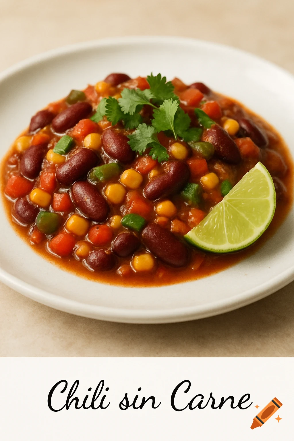 Photorealistic image of chili sin carne with beans, corn, and vegetables, garnished with cilantro and a lime wedge. Text reads "Chili sin Carne".