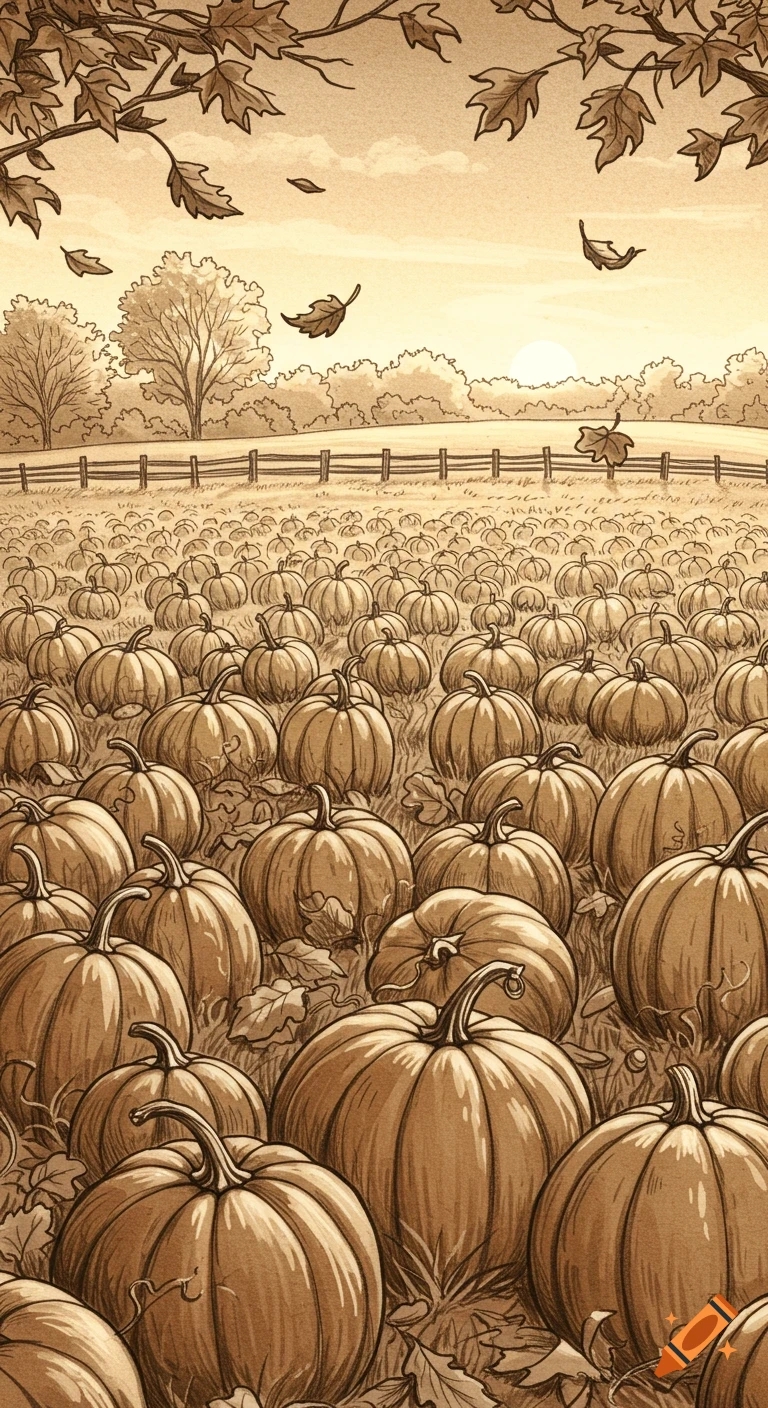 Sepia-toned sketch illustration of an autumn pumpkin patch with falling leaves, trees, and a distant sunset.