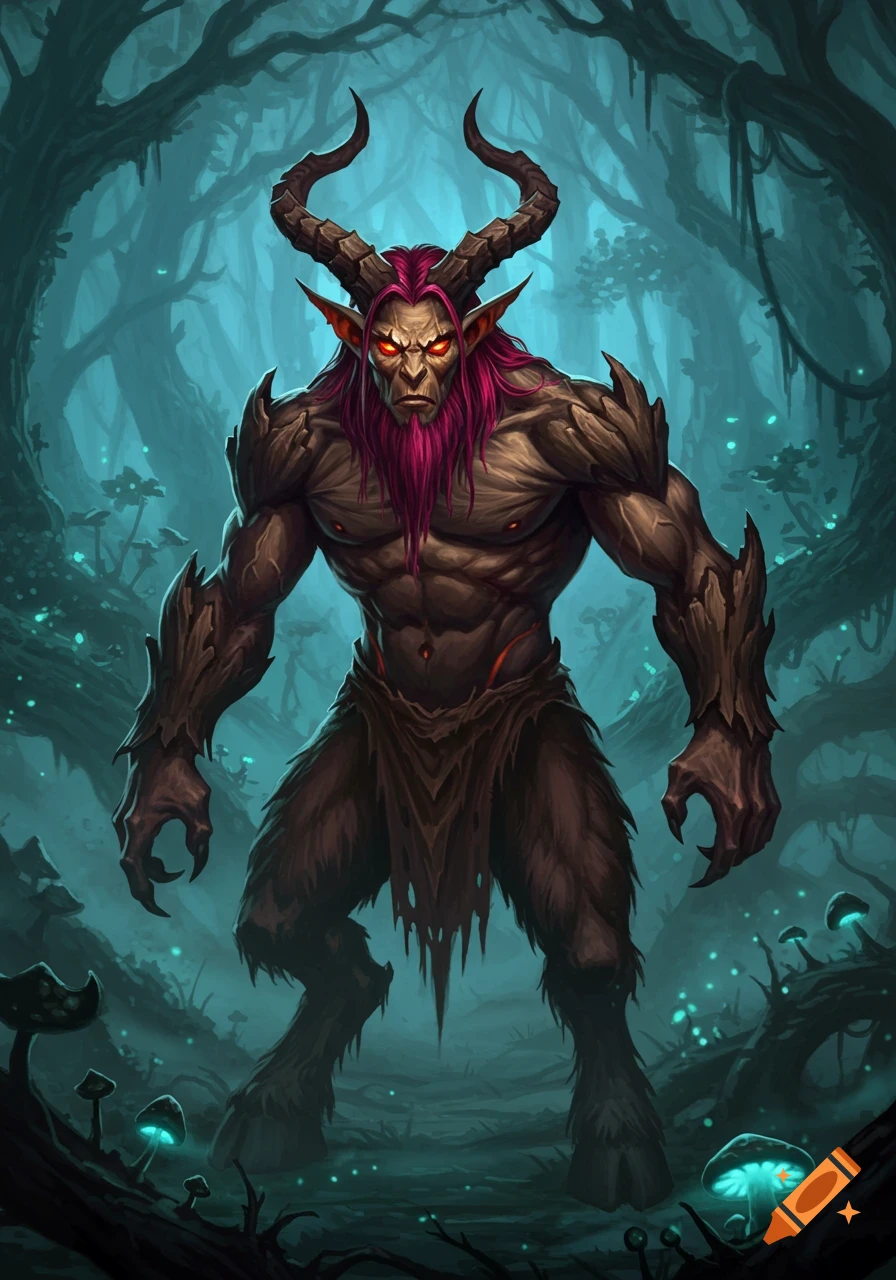 A menacing satyr with horns, glowing red eyes, and purple hair stands in a dark, misty fantasy forest with glowing blue mushrooms.
