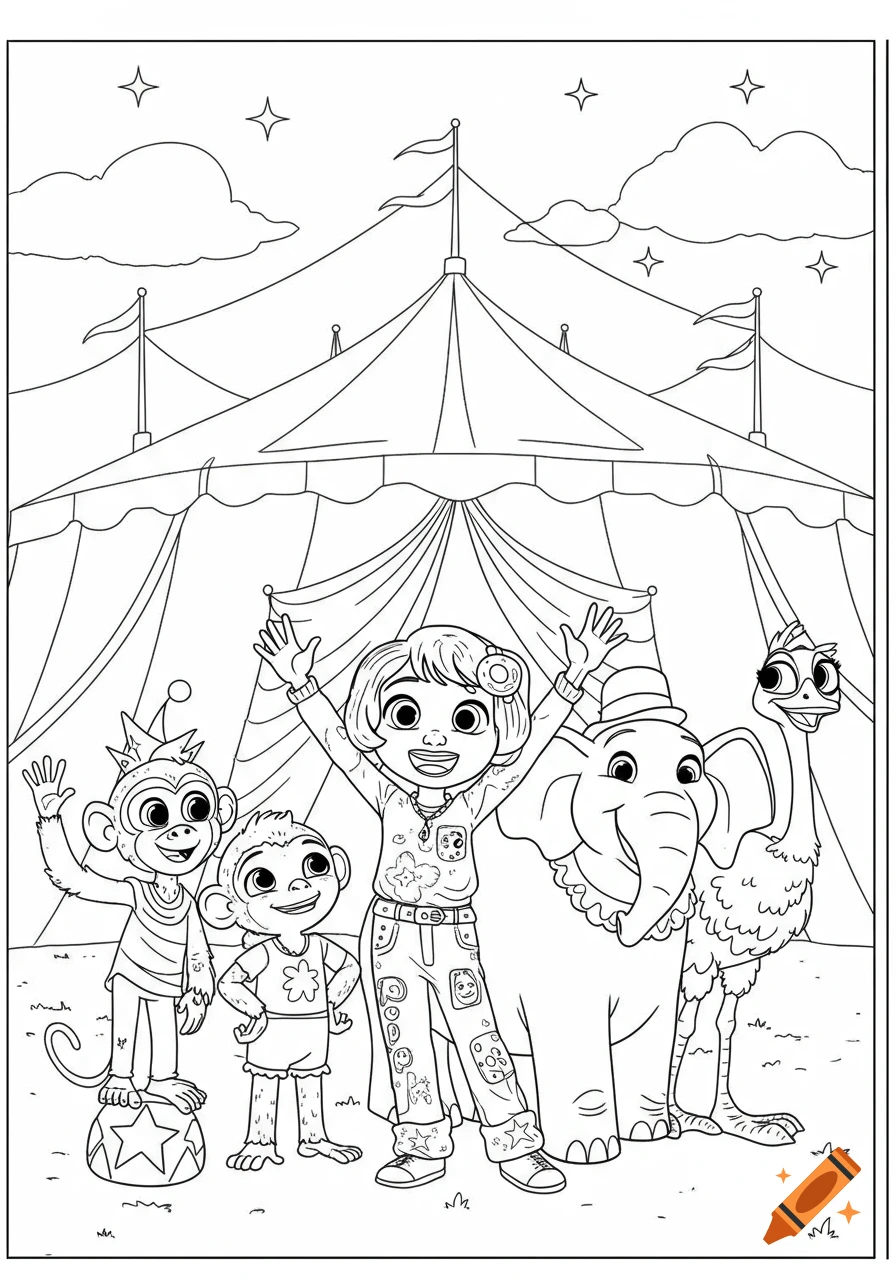 Black and white coloring page of a girl and cartoon animals including monkeys, an elephant, and an ostrich, at a circus.