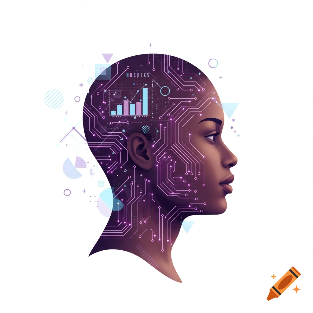 Side profile of a person's head with glowing purple circuit board lines and abstract financial graphs integrated inside, on a white background.