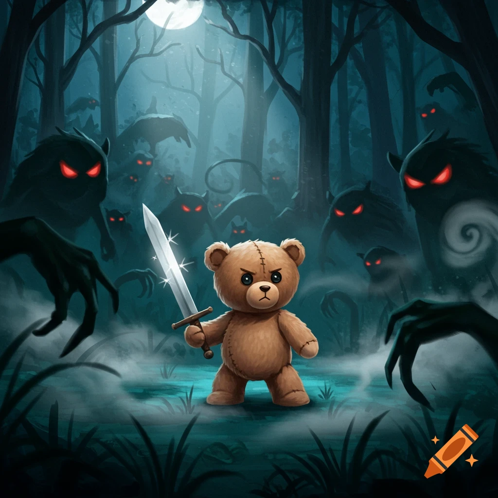 A determined teddy bear with a sword stands in a moonlit, misty dark forest, surrounded by shadowy monsters with glowing red eyes. Digital art.