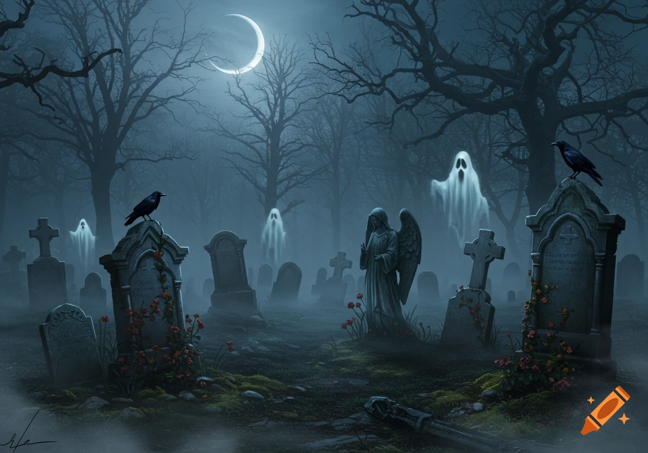 A foggy, moonlit graveyard with numerous gravestones, bare trees, several white ghostly figures, and two crows perched on tombstones, one near an angel statue.