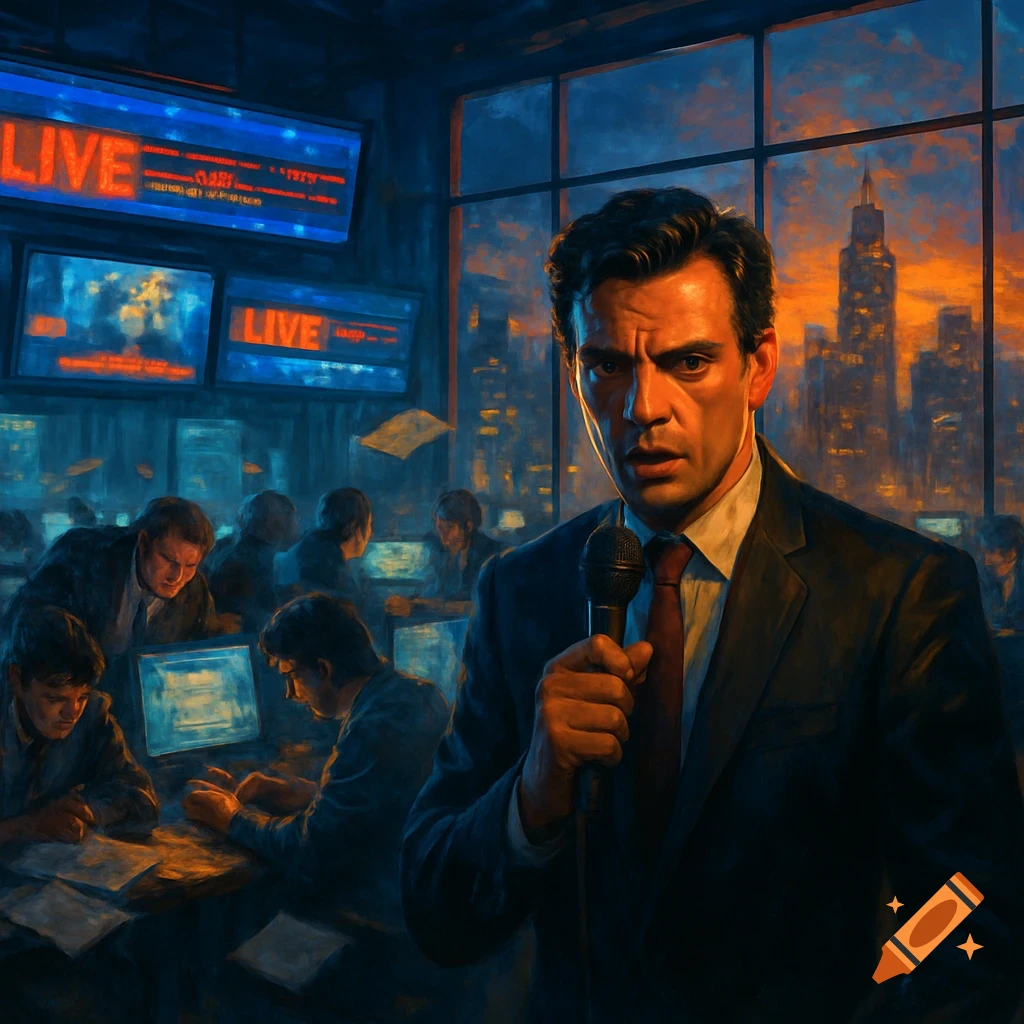 A male news reporter with a microphone in a busy newsroom with 'LIVE' screens, a city skyline at sunset in a painterly style.
