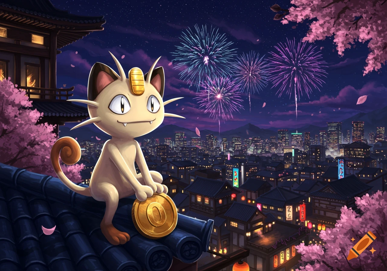 Meowth from Pokemon sits on a dark tiled roof, overlooking a vibrant city at night with blooming cherry blossoms and colorful fireworks illuminating the sky.