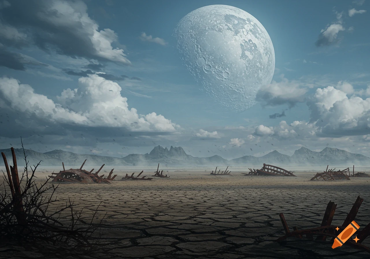 A vast, cracked desert wasteland under a large, detailed moon in a cloudy sky, with skeletal ruins scattered across the landscape.