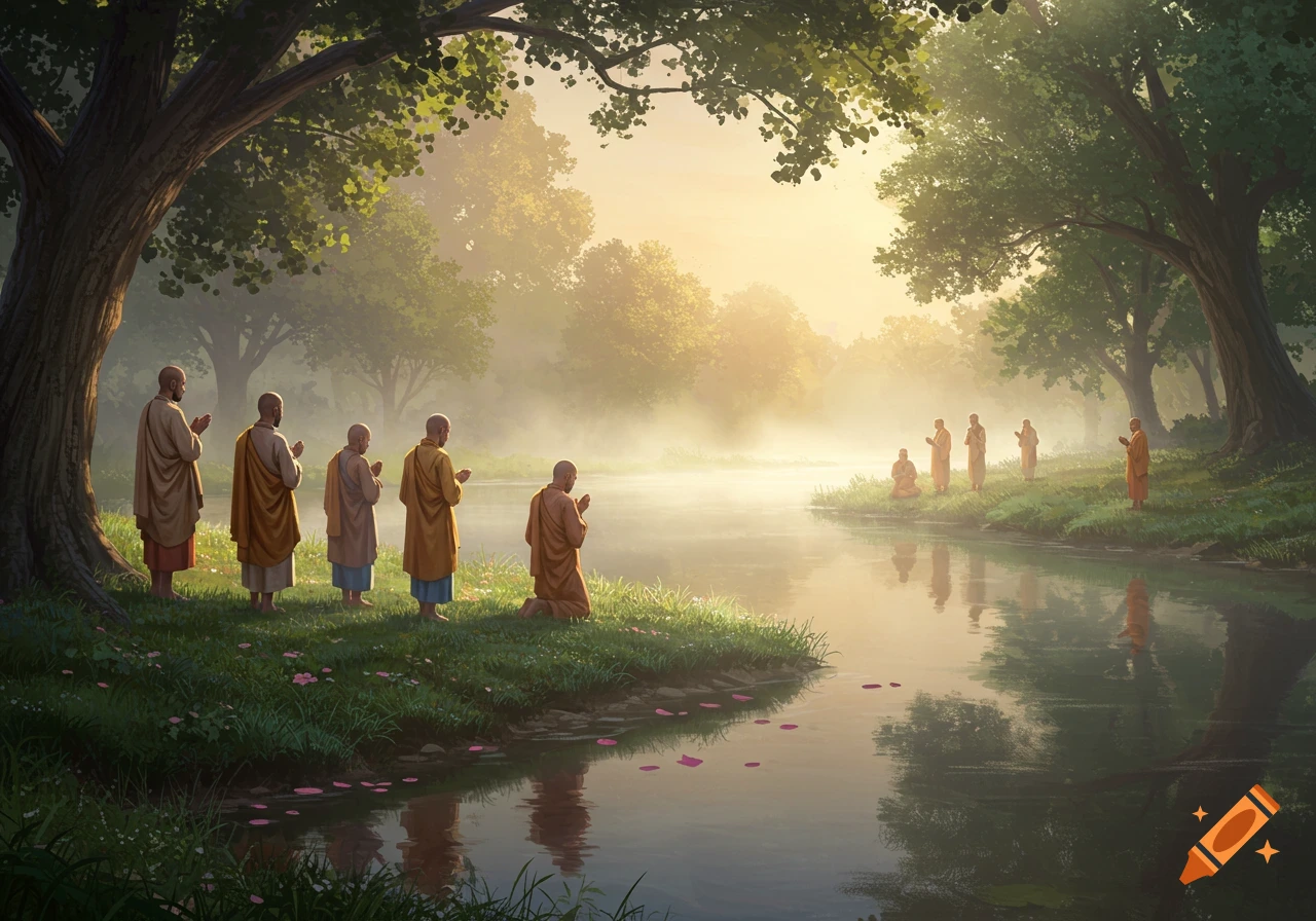 Monks pray by a misty river at sunrise, surrounded by lush trees in an illustrative style.