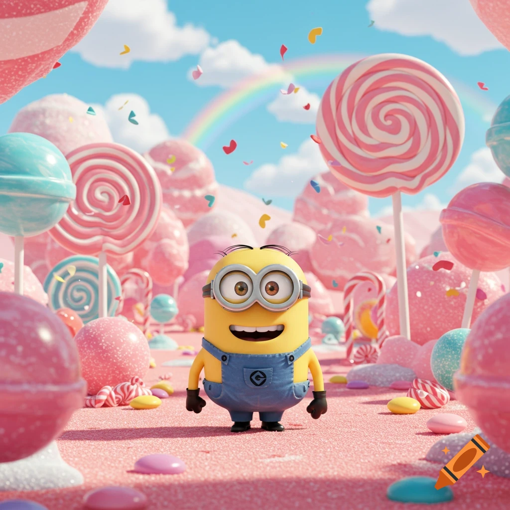 A cheerful Minion stands in a vibrant, colorful candy land with lollipops, sweets, a rainbow, and blue sky.