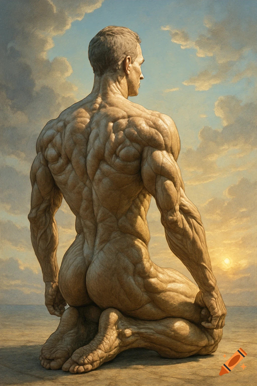 Muscular male figure kneeling, viewed from behind, against a cloudy sky with a low sun.