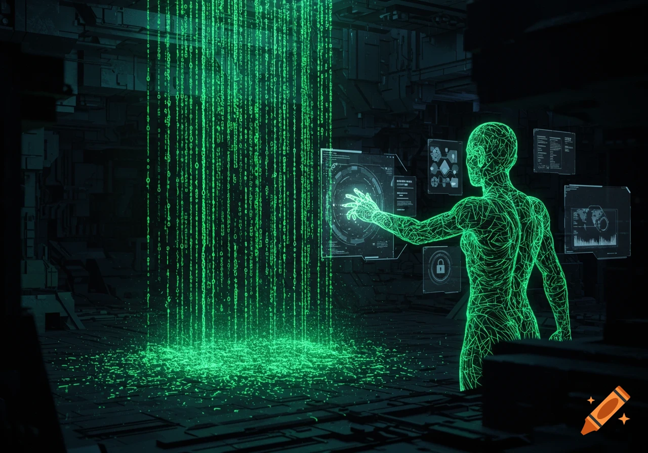 Glowing green wireframe human figure interacts with holographic data interfaces and falling binary code in a dark, futuristic digital environment.