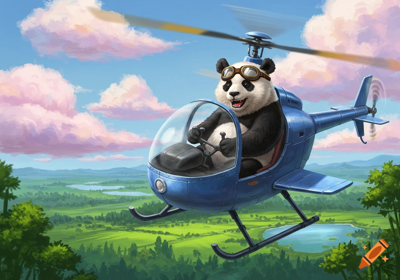 A fluffy panda wearing aviator goggles happily flies a blue helicopter over a green landscape with pink clouds.