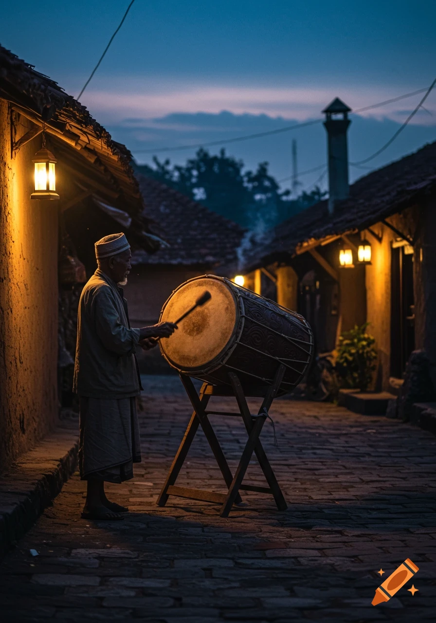 An elderly man in traditional attire plays a large drum on a cobblestone street in a dimly lit village at dusk, illuminated by glowing lanterns.
