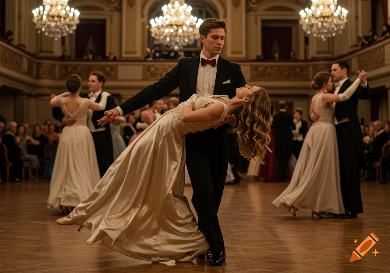 A man in a tuxedo dips a woman in an elegant gown while waltzing in a grand ballroom under chandeliers, photorealistic.