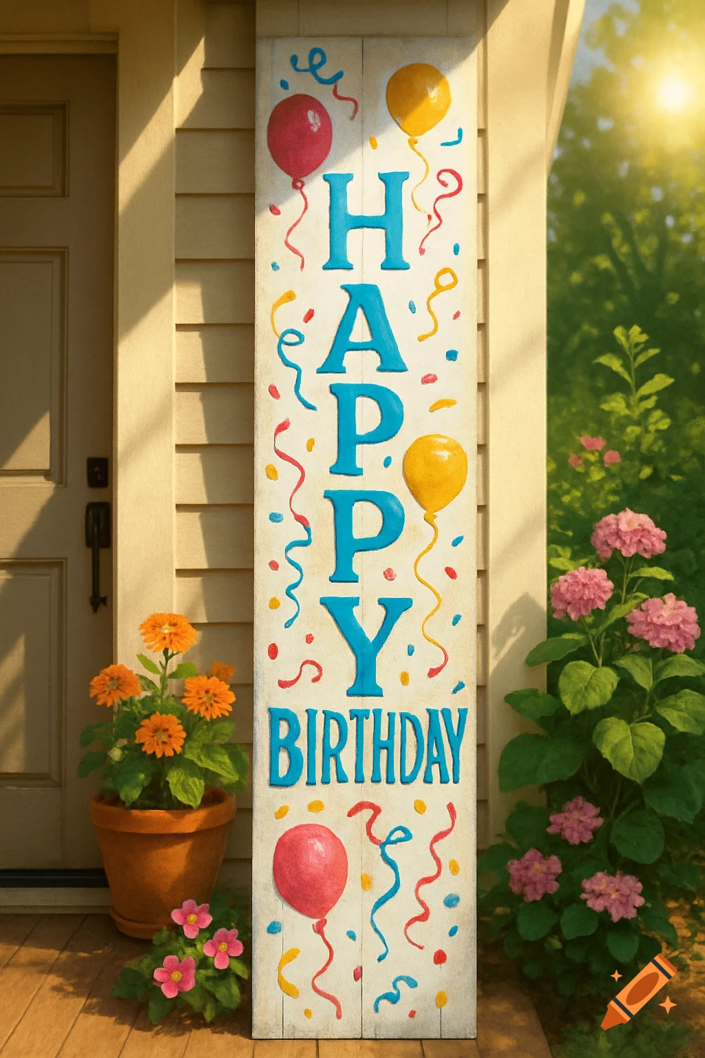 A vertical 'Happy Birthday' porch sign in blue text with red and yellow balloons, colorful confetti, flanked by orange and pink potted flowers.