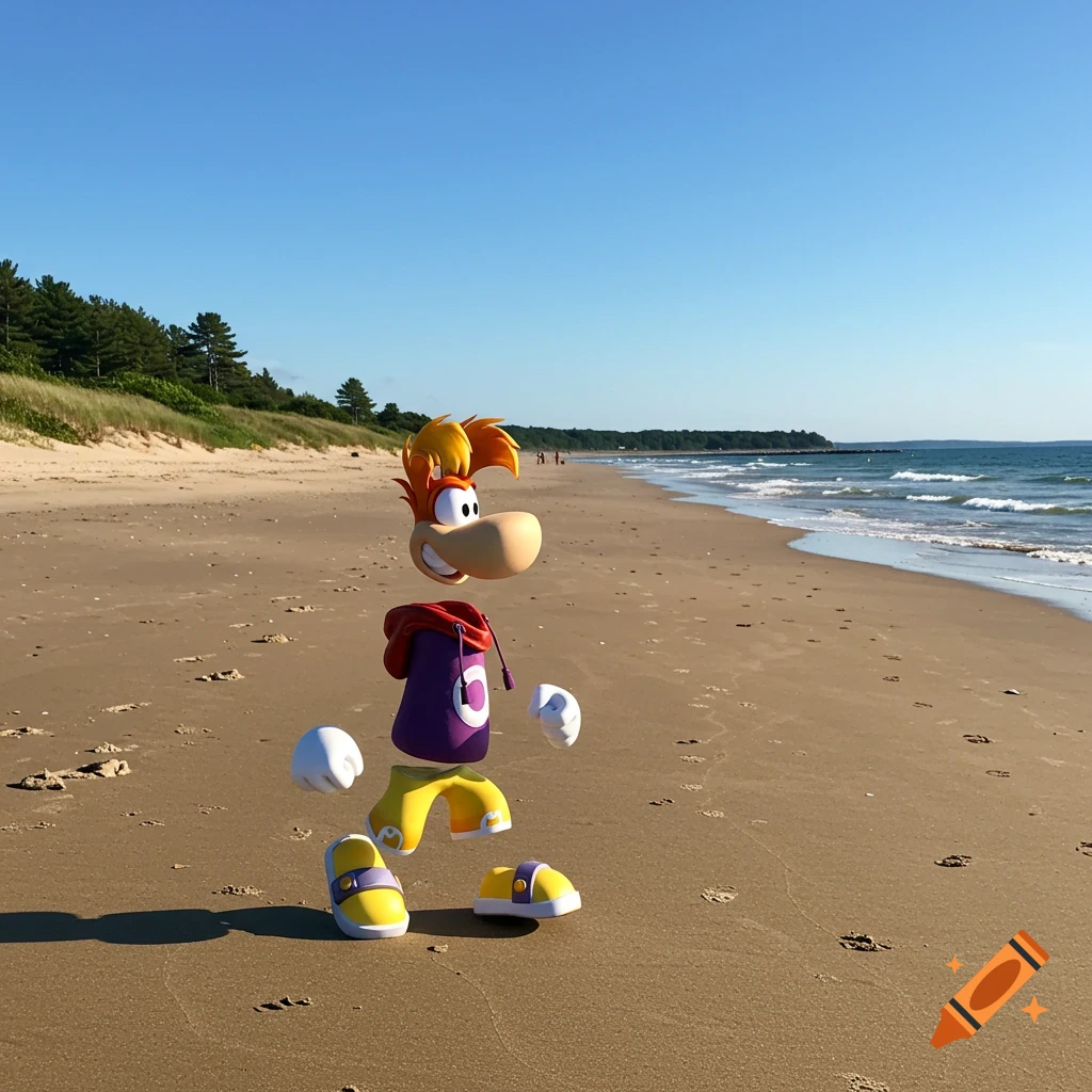 Rayman, the cartoon character, stands on a sandy beach by the ocean under a clear blue sky.
