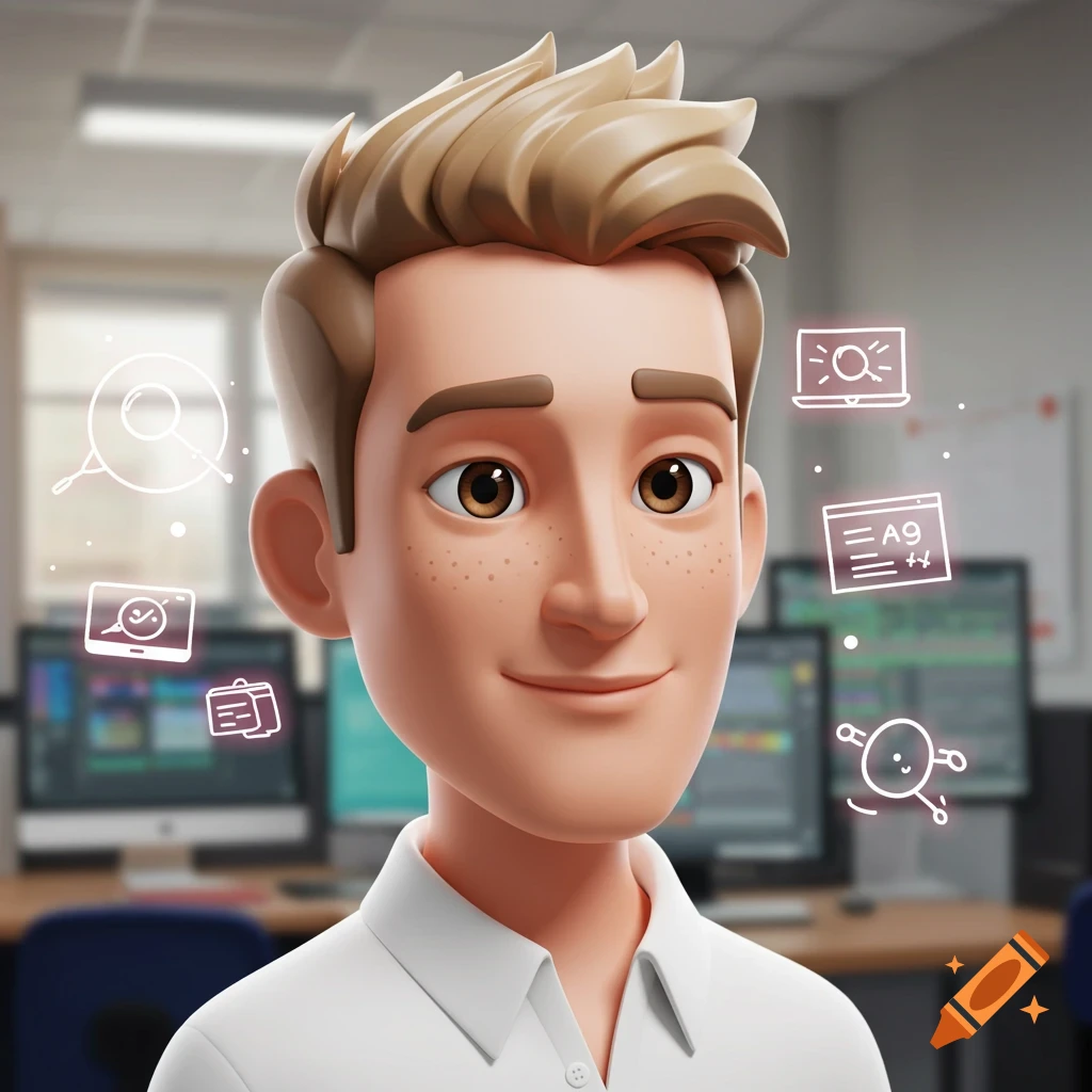 A smiling 3D cartoon male avatar with brown eyes and light hair, wearing a white shirt, surrounded by glowing digital icons in an office.