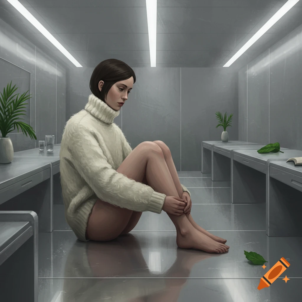 A solitary woman in a white turtleneck sweater sits on a reflective floor in a stark, minimalist grey room.