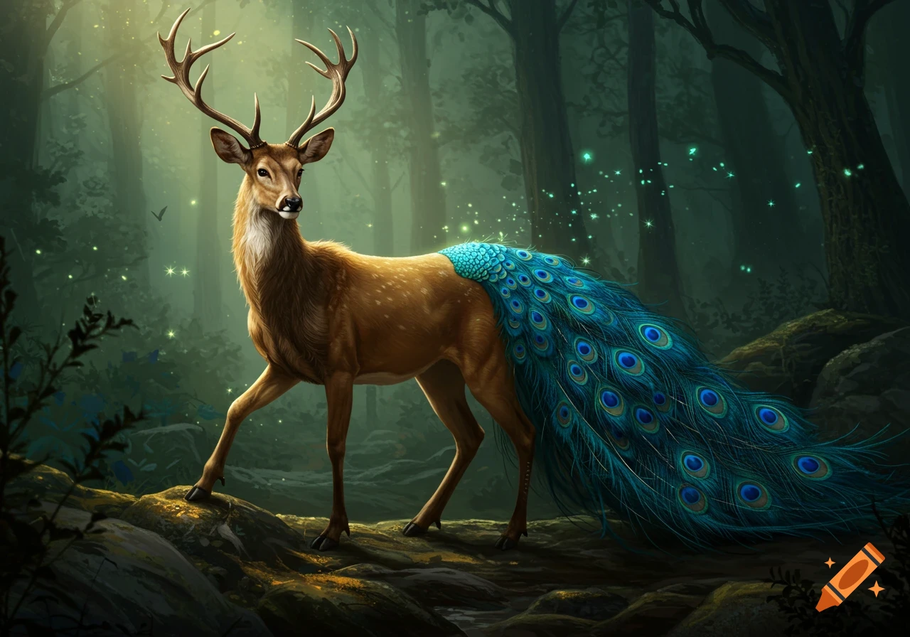 A majestic deer with a vibrant blue peacock tail stands in a magical, glowing forest.