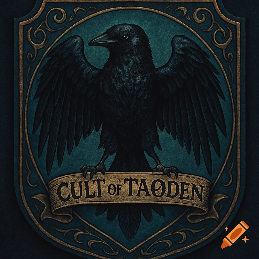 A detailed dark blue and sea green-blue emblem featuring a black raven with spread wings on a shield, with a banner below reading 'CULT OF TA DEN'.