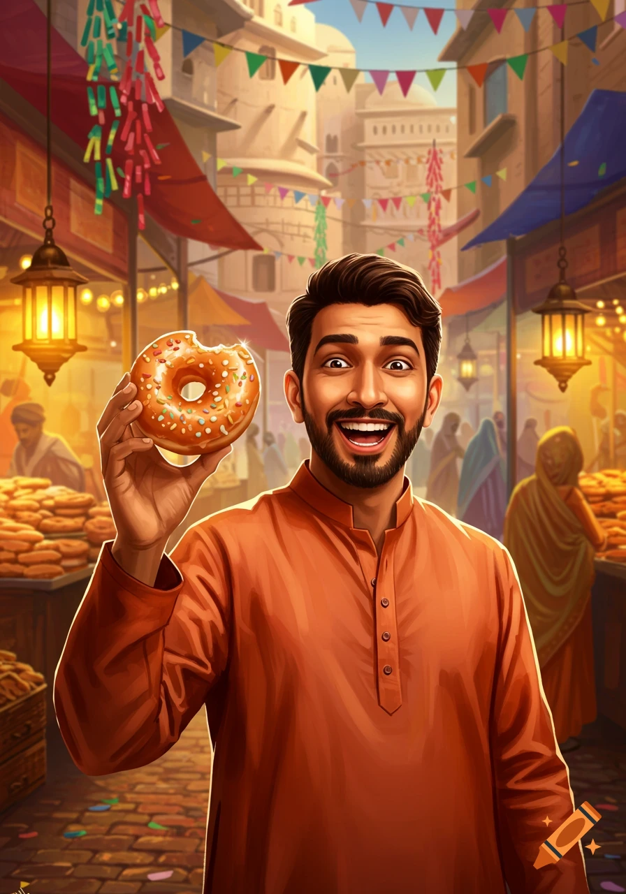 A happy Indian man in traditional attire holds a half-eaten donut in a vibrant, illustrated outdoor market with lanterns and banners.