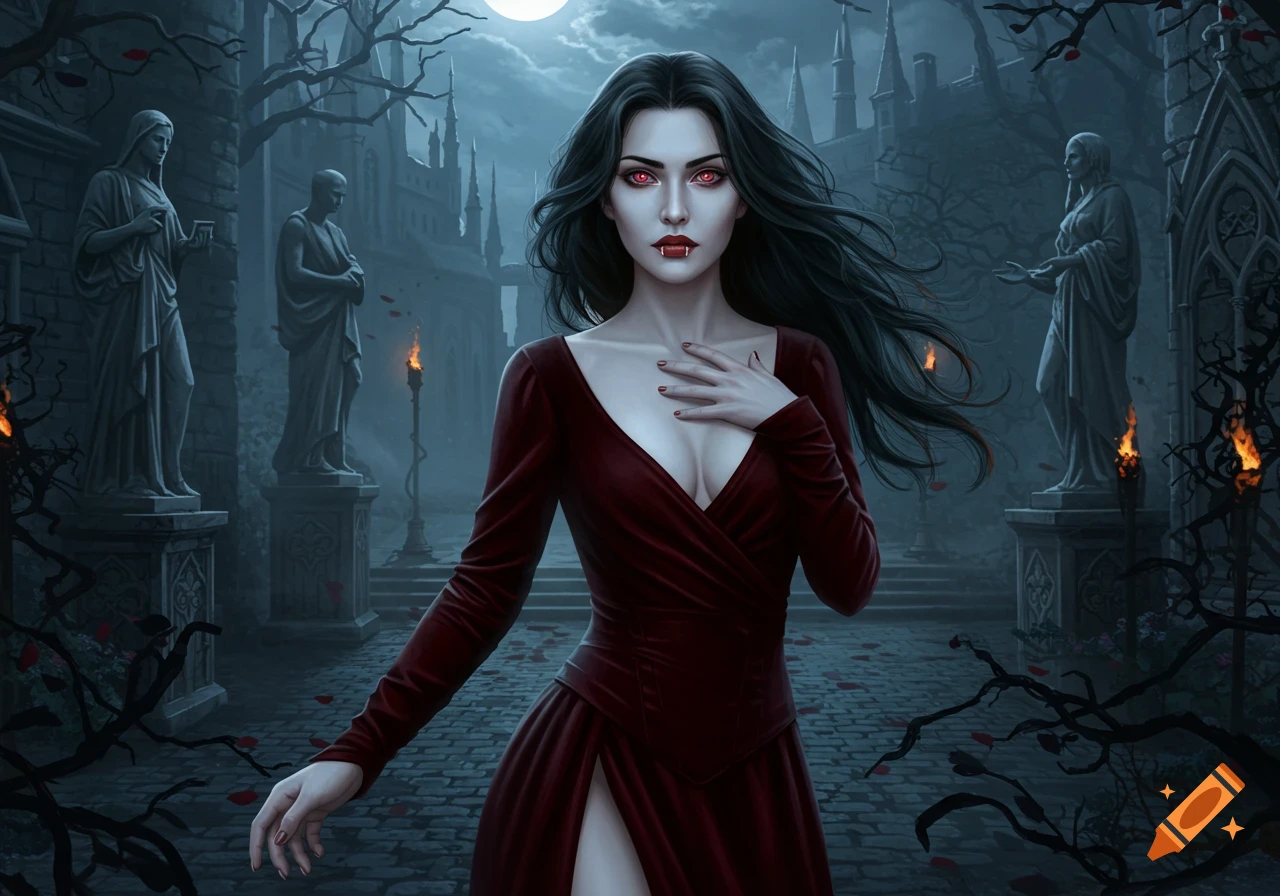 A pale vampire woman with red eyes and fangs in a red dress stands in a moonlit gothic castle courtyard with statues.