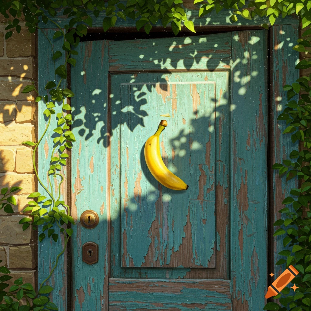 A bright yellow banana hangs on an old, peeling teal wooden door covered in green ivy, with sun-dappled shadows.