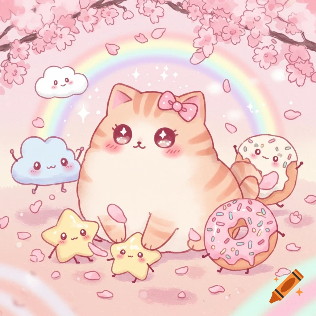 A kawaii cartoon features a chubby orange cat with a pink bow, smiling stars, clouds, and donuts under cherry blossoms and a rainbow.